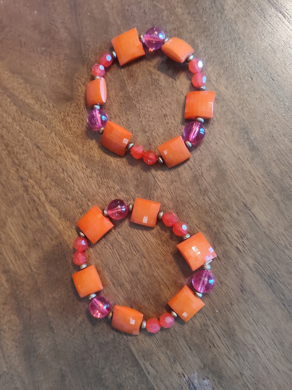 Vintage Orange and Pink Beaded Stretch Bracelet Set - Women Jewelry